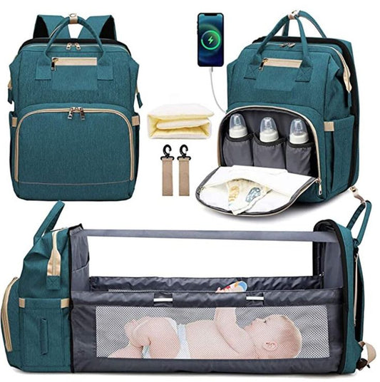 Pañalera con cambiador de bebé, bolso plegable, cuna portátil y puerto USB